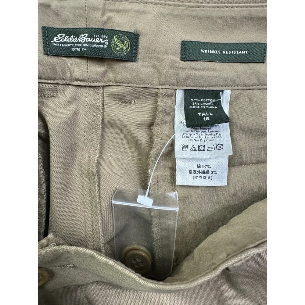 Eddie Bauer Khaki Chino Pants Men 18 Tall Wrinkle Resistant Stretch Tan Trousers